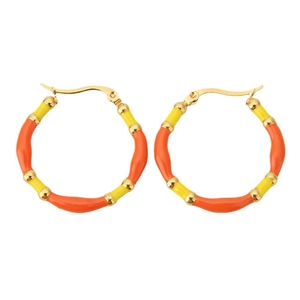 Bohemian bamboo style hoop earrings with orange and yellow enamel finish in gold plating