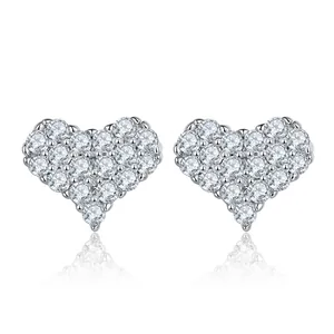 Exquisite 18K white gold heart-shaped stud earrings with sparkling pavé moissanite stones