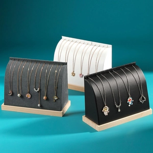 Arc-shaped jewelry necklace display stand with solid wood base in black, grey and white