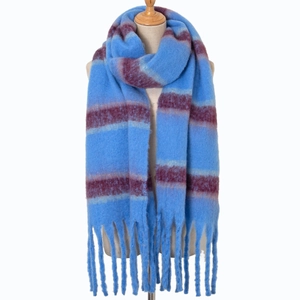 Blue striped scarf with red accents and thick fringe tassels on a white background