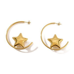 Modern 18k gold plated stainless steel C-shape earrings featuring a hollow star charm