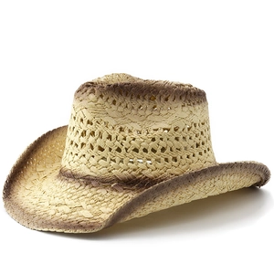 Classic straw cowboy hat in beige with brown distressed gradient brim and hollow weave