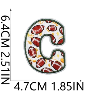 Detailed size view of letter C football embroidery patch measuring 6.4cm by 4.7cm