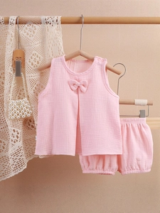 Ensemble d'été en gaze de coton rose pour fillette avec nœud décoratif et short