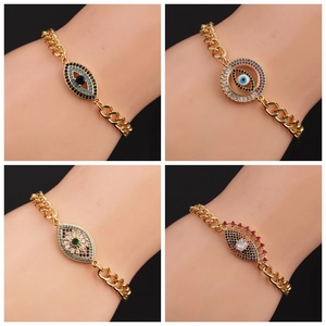 Evil Eye Bracelet Gold Plated Copper Colorful Cubic Zirconia Adjustable Link Chain Turkish Nazar Jewelry For Women