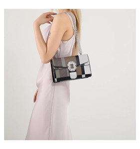 Detail of checkered shoulder bag featuring a luxury crystal-encrusted buckle and silver chain