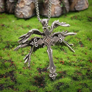 Vintage silver seraph wing cross pendant necklace in retro punk hip-hop style