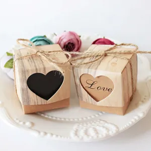 Wedding Candy Boxes Heart Shaped Hollow Love Kraft Paper Cardboard With Jute Rope Rustic Wood Grain Wedding Party Favors