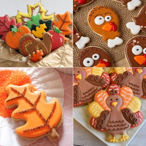 Close-up of Thanksgiving cookie cutters with turkey, maple leaf, and pumpkin shapes
