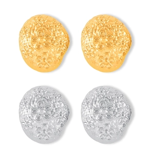 Irregular round stud earrings in gold and silver with embossed floral textures