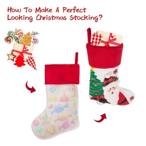 Diagram showing the expansion of a red velvet Santa Claus stocking from flat to full