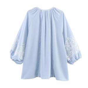 French style light blue lantern sleeve blouse with white lace embroidery and tie details