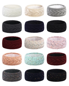Detailed grid showing fifteen colors of chunky knit headbands with soft fleece lining
