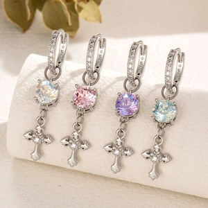 Silver iris cross dangle earrings with sparkling colorful crystals for men and women