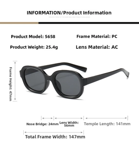 Detailed size specifications for oval sunglasses with PC frame and AC lenses