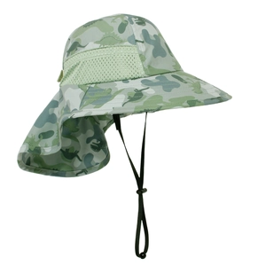 Detail of kids sun hat with neck flap, dinosaur camouflage print, and breathable mesh