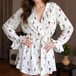 Satin Pajama Robe Camisole And Pants Cartoon Rabbit Heart Print Ruffle Sleeve French Style Sweet Loungewear For Women