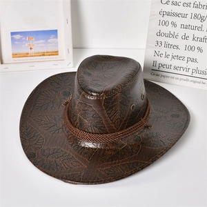 Cappello da cowboy western in pelle PU marrone con goffratura a foglia e corda intrecciata