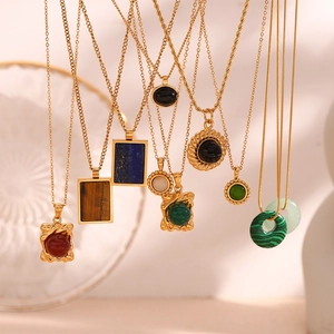 18K gold plated stainless steel necklaces with various natural stones in geometric frames