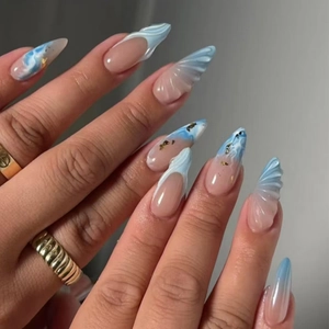 Ocean Theme Press On Nails Almond Shape 3D Shell Texture Blue Pink Gradient Gold Foil French Tip Artificial Fingernails