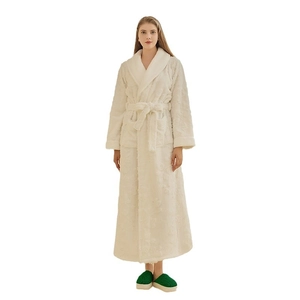 Peignoir épais en polaire jacquard pour femme avec grand col à revers et ceinture nouée