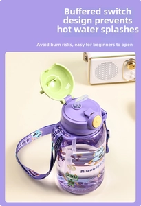 Close-up of purple cartoon robot plastic water bottle with colorful lid and straw