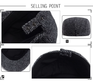 Detail of adjustable metal buckle and herringbone wool texture on classic flat cap