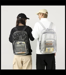 Rear view of two models wearing clear PVC waterproof backpacks in black and grey trims