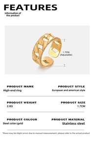 Detailed size chart for 18K gold plated stainless steel Cuban chain link ring with dimensions