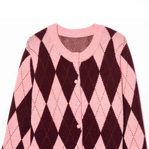 Argyle pattern knit cardigan in pink and burgundy with classic round neck and buttons