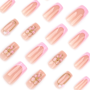 French long square press-on nails with 3D pink flowers and gold metallic accents