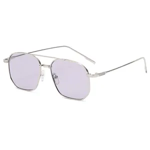 Modern silver metal double bridge sunglasses with translucent light purple lenses