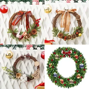 Handmade Christmas Wreath Rattan Vine Hanging Ornament Artificial Pine Needle Pine Cone Cotton Lemon Festive Door Wall Decor