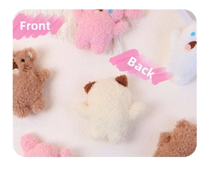 Front and back details of cute colorful plush puppy keychains with soft furry texture