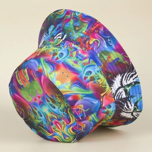 Detailed view of high-saturation graffiti bucket hat with tiger print and twill texture