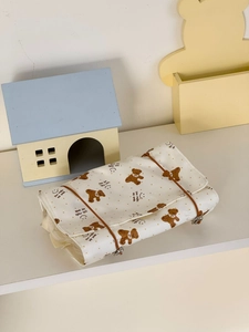 Foldable teddy bear cosmetic bag with brown elastic strap and adjustable metal buckle