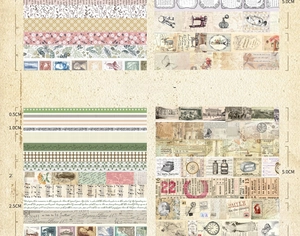 Size chart for vintage washi tape set with widths from 0.5cm to 7.5cm and floral patterns