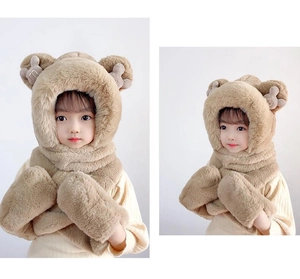 Detail of plush camel 3-in-1 children's winter hat with scarf and mittens set