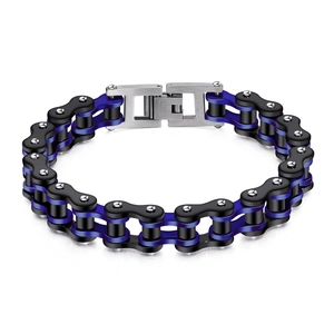Men's stainless steel motorcycle chain bracelet in black and blue industrial style