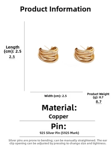 Macro detail of gold-layered C-shape earrings showing 2.5cm size and S925 silver pins