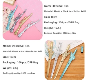 Detailed view of novelty rifle and sword shaped gel pens with metallic finishes