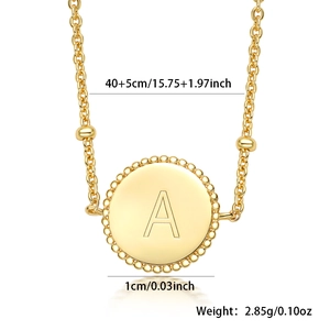 Detail view of gold S925 sterling silver necklace with letter A round pendant and measurements