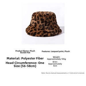Detailed size specifications for a leopard print faux fur bucket hat made of polyester