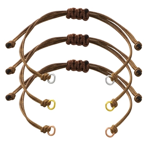 Detailed view of adjustable brown braided wax cord bracelets with gold and silver beads