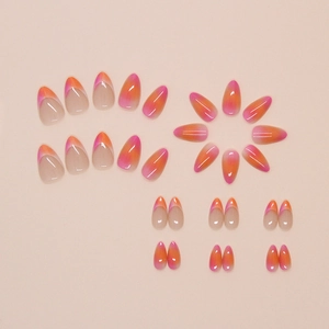 Pink and orange gradient French style press-on nails set with glossy finish and 24 pieces