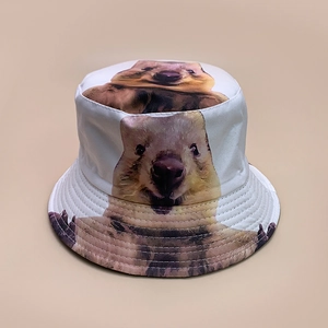 Detail showing high-quality canvas bucket hat with realistic quokka animal print on white fabric