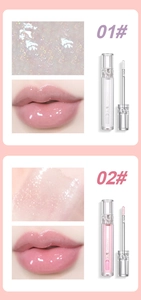 Lip gloss swatches showing shades 01 and 02 with shiny mirror finish and glitter effects