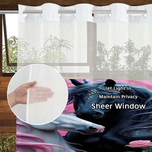 Sheer waffle shower curtain with horse print and metal grommets for privacy