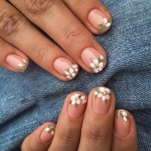 Press On Nails Pink Translucent Glossy Short Square Round Floral Pattern Full Cover Detachable Reusable Artificial Fingernails For Women