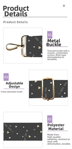 Close-up of heart print polyester bag strap with golden metal clips and adjuster